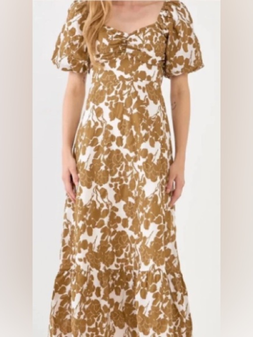 English Factory - Tan & White Floral Puff-Sleeve Maxi Dress - Small - NWT